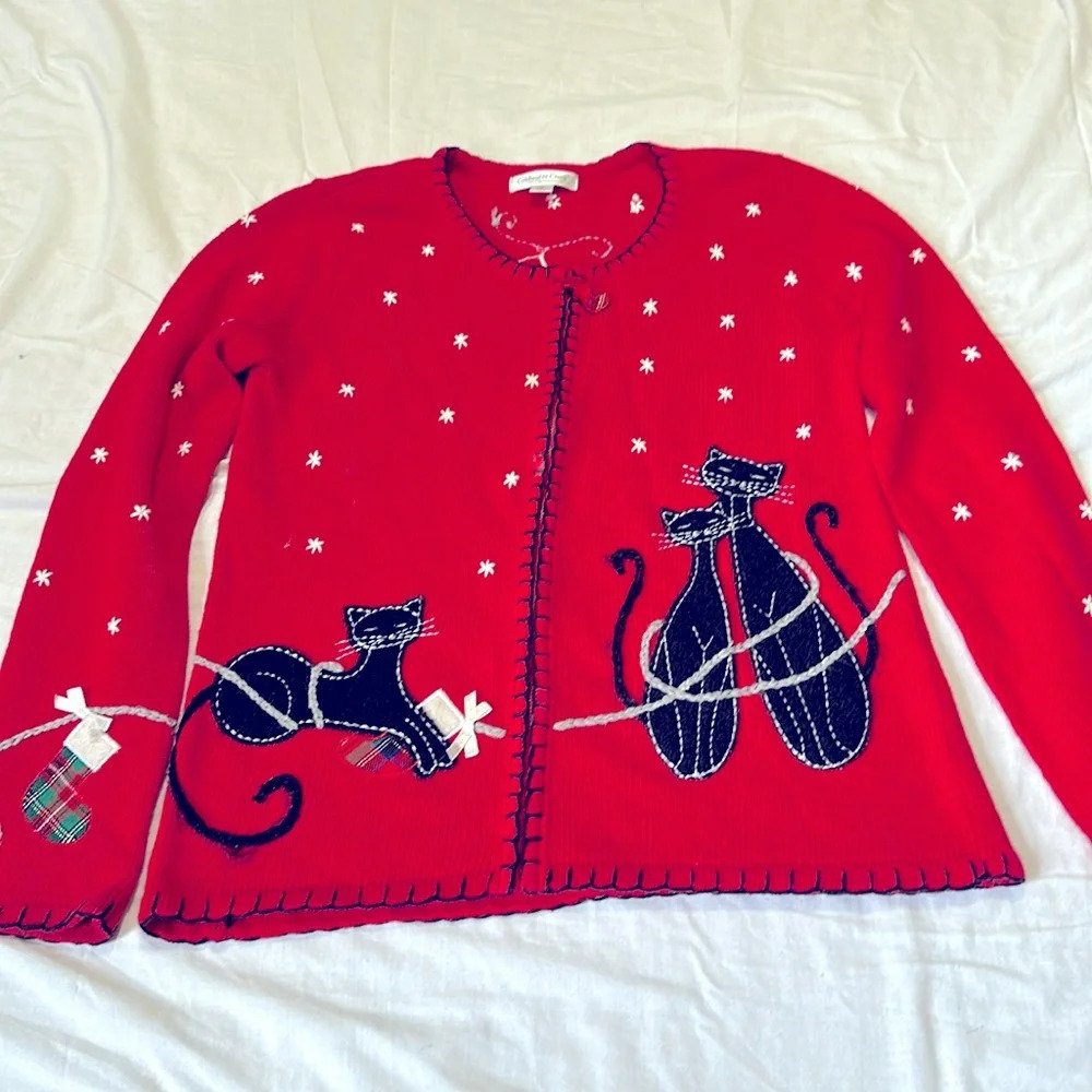 Coldwater Creek Vintage red Holiday Cat Cardigan Sweater Women’s Small